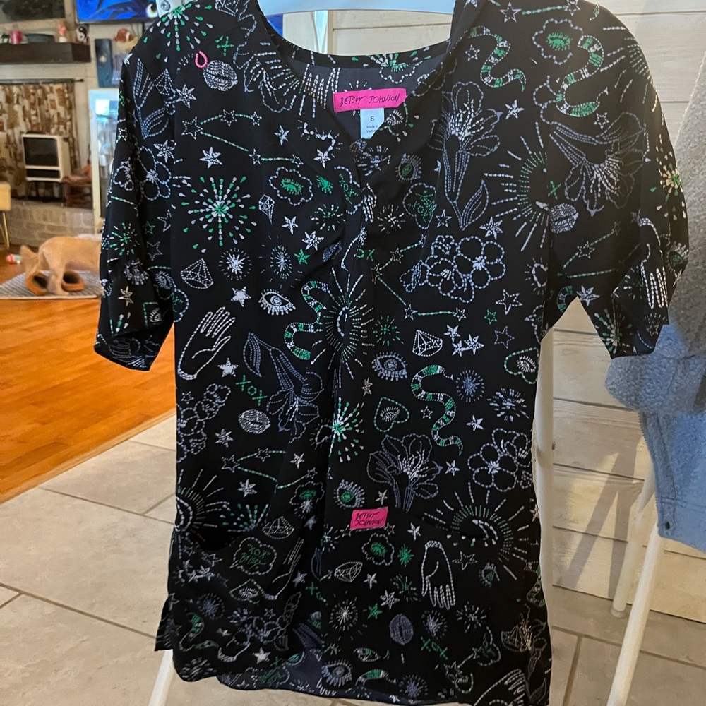 Betsey Johnson Black Scrub Top with Green and White Floral Accents